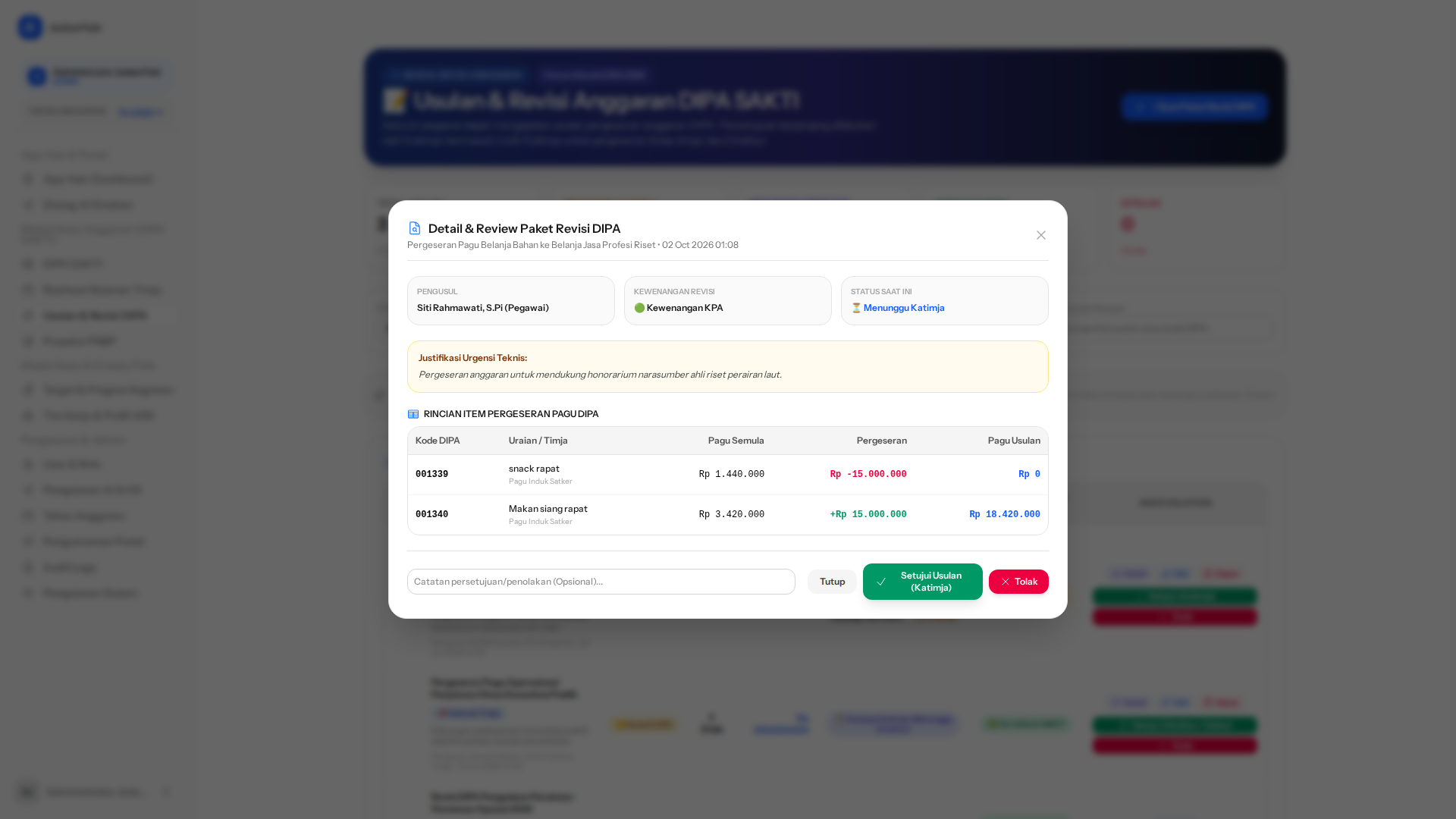Modal Review Detail & Perhitungan Net Delta Revisi
